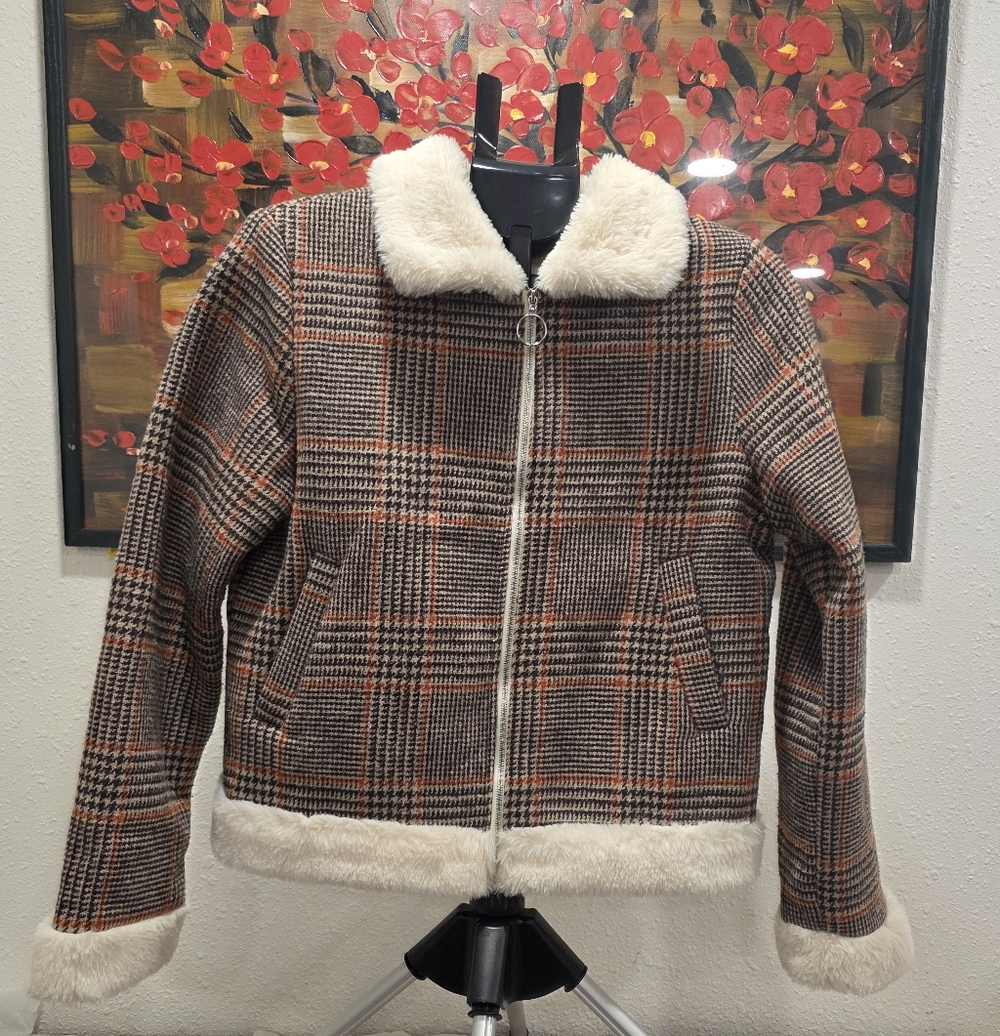 Hyfve Plaid Ladies Faux Fur Lined Zip Up Jacket Size Lg